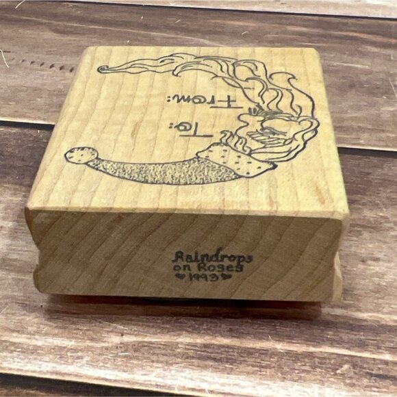 RARE RAIN DROPS ON ROSES 1993 850F WOOD MOUNTED RUBBER STAMP TO FROM SANTA MOON - Picture 3 of 4